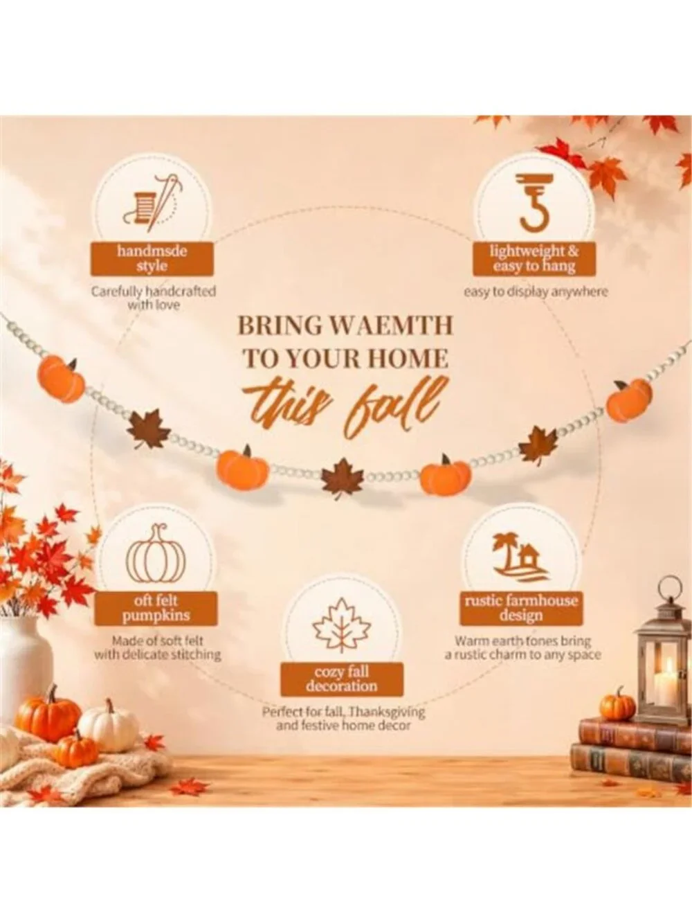 6.8 FT Fall Pumpkin Garland with Maple Leaves and Wood Beads, Autumn Decor